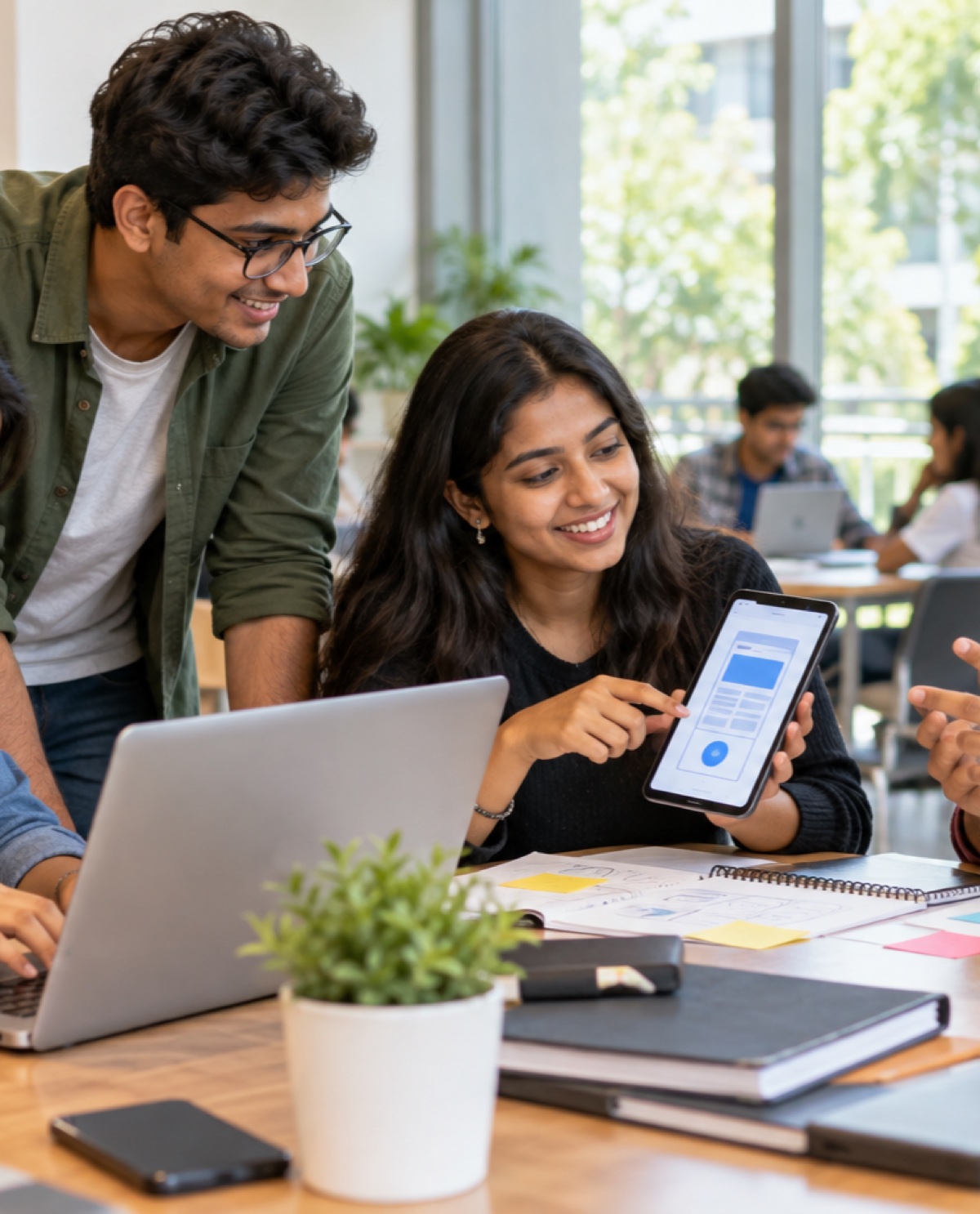 College students collaborating on coding, app design, and internship projects