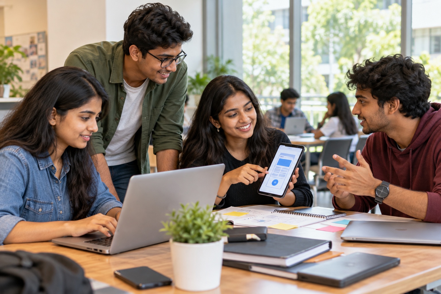 College students collaborating on technology and creative internship projects
